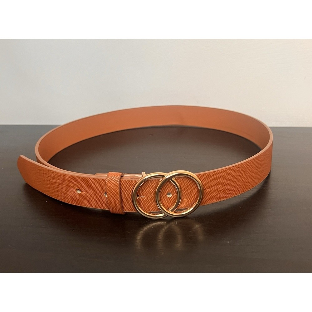 Aldo Cognac Brown Saffiano Belt Small Petite S Gold Double O Ring Interlocking